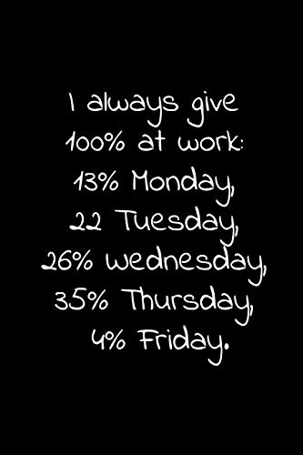 I always give 100% at work: 13% Monday, 22 Tuesday, 26% Wednesday, 35% Thursday, 4% Friday.: Lined Notebook with funny sarcastic office quotes.