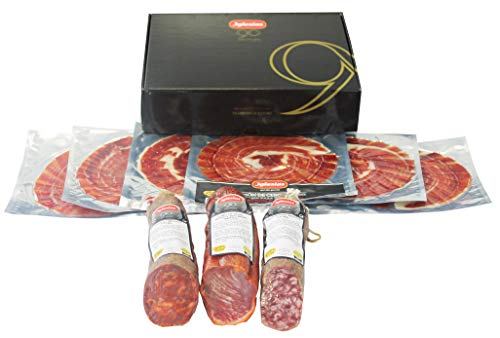 IGLESIAS - Lote Regalo Jamón de cebo Ibérico 50% raza ibérica cortado a Cuchillo (6 uds de 70g), Lomo de cebo ibérico 50% raza Ibérica de 600g. Chorizo y Salchichón ibérico 500g. Lote de 2,02kg