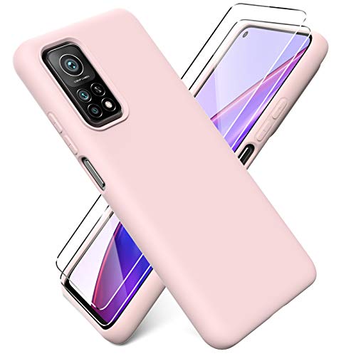 Ikziwreo Funda para Xiaomi Mi 10T /Mi 10T Pro 5G + Protectores de Pantalla Templados [2 Paquetes], Carcasa de Silicona Líquida Gel Ultra Suave Funda con tapete de Microfibra Anti-Rasguño - Rosado