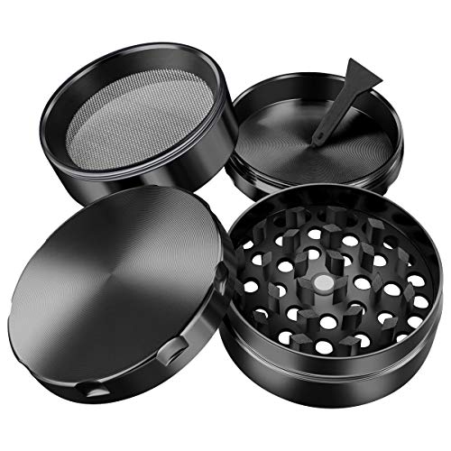 iLC Grinder Especias, Tabaco, Hierbas Grinder Metálico Con Polen Colector 2" - Hecho de duradero Aleación de zinc- 4 Piezas - Dientes en forma de diamante (Negro)