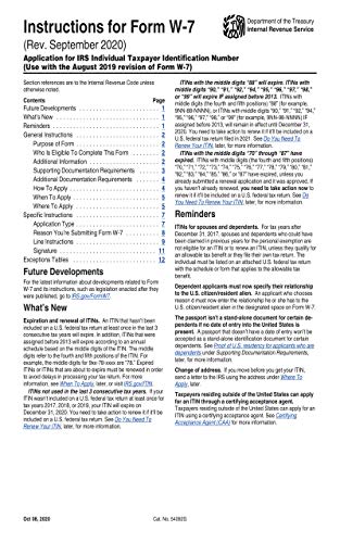 Instructions for Form W-7 (Rev. September 2020) Application for IRS Individual Taxpayer Identification Number (Use with the August 2019 revision of Form W-7) (English Edition)