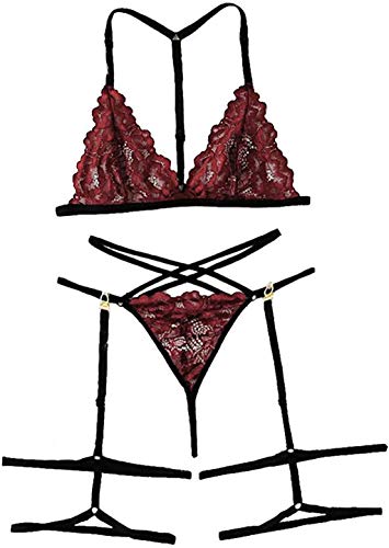 ITVIP Conjunto de lencería sexy para mujer, con cuello de encaje floral festoneado, sujetador + liguero + braguita L Vino