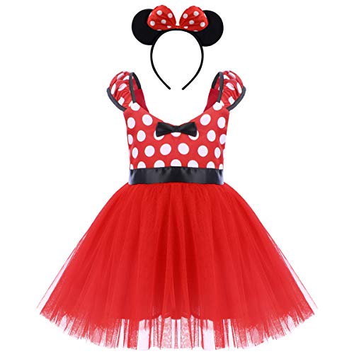 IWEMEK Princesa Disfraz de Minnie para Bebé Niña Navidad de los Lunares del Vestido del Tutú de Tul Cumpleaños Fantasía Infantiles Vestido Carnaval Bautizo Ballet Baile con Diadema 5-6 Años