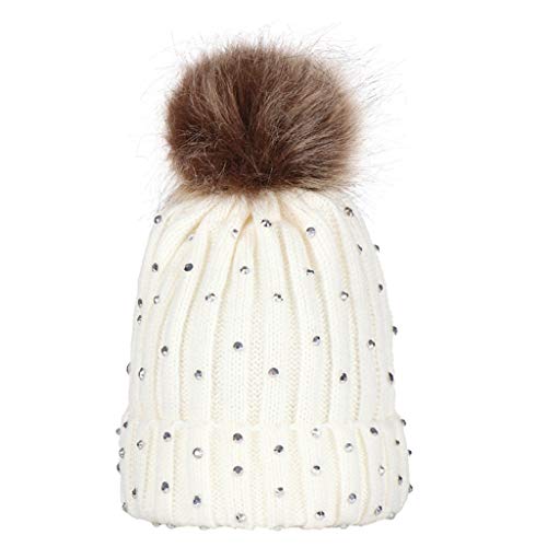 JOYKK Sombrero de niños Sombrero de Dobladillo de Punto Adorno de Diamantes de imitación Acanalado Pelota pompón Mullido Puff de Ganchillo Gorro de Color sólido Niños de Invierno - Blanco + Gris