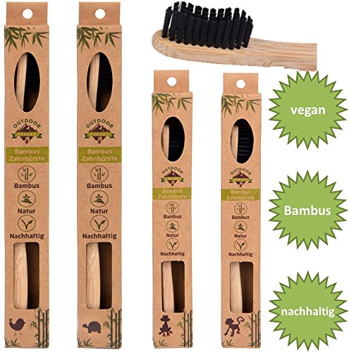 Juego de 4 cepillos de dientes de bambú con madera de bambú pura, veganos, biodegradables, 100 % libres de BPA, cerdas con carbón vegetal de bambú para una mejor limpieza