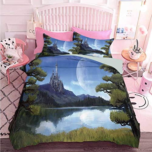 Juego de ropa de cama de 3 piezas con diseño de luna surrealista con río lago bosque y castillo medieval en Hill Art (3 piezas, tamaño King Size) 3D realista impresión funda de edredón