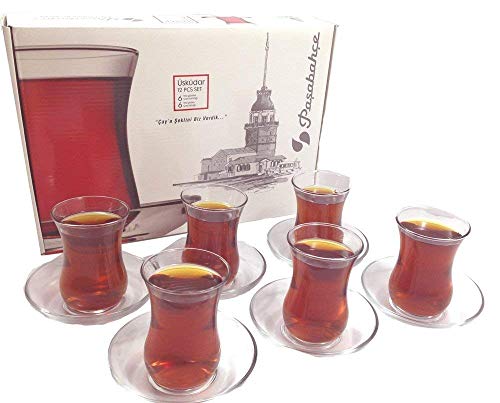 Juego de vasos y platillos turcos de té, diseño Pasabahce, juego de 6 unidades, 120 cm³. 113 g. Apto para lavavajillas.