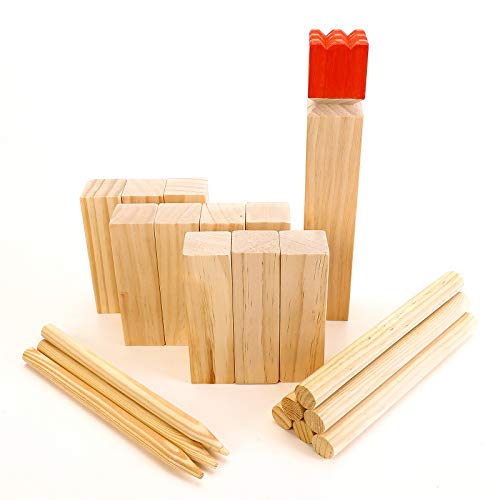 Kubb Game Premium Set - Juego de juego para patio, exterior, césped, playa, juego de ajedrez vikingo, juego de ajedrez de madera de pino, divertido juego de césped al aire libre para todas las edades