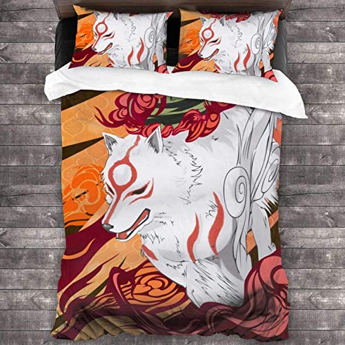 KUKHKU Anime Okami Juego de Cama de 3 Piezas Juego de Funda nórdica Funda de edredón Suave y Funda de Almohada C11691