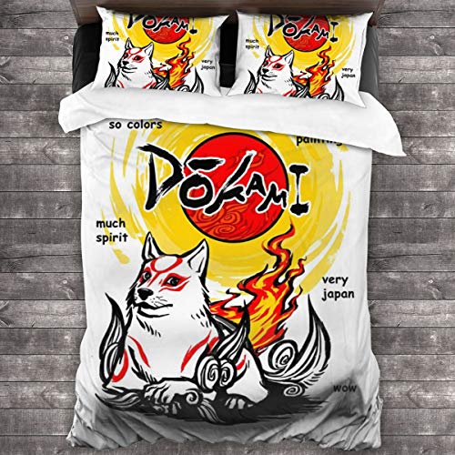 KUKHKU Dokami Okami - Juego de cama de 3 piezas, funda de edredón de 86 x 70 cm, juego de cama con 2 fundas de almohada