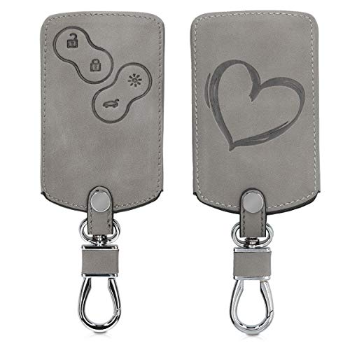 kwmobile Funda Compatible con Renault Llave de Coche de 4 Botones (Solo Keyless Go) - Case de Piel de Nobuck sintética para Mando de Coche - Dibujo de corazón Gris