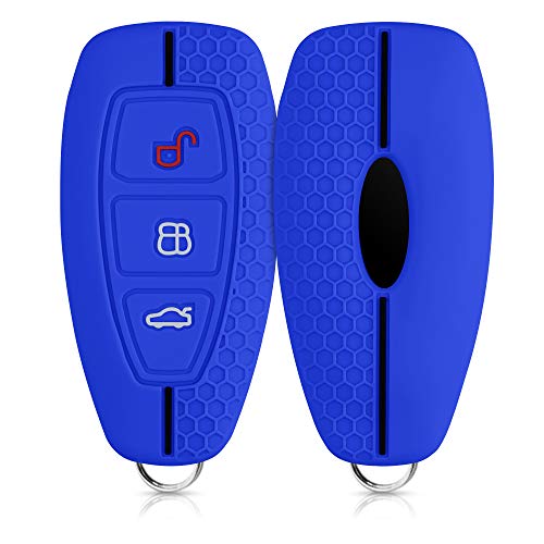 kwmobile Funda de Silicona Compatible con Ford Llave de Coche Keyless Go de 3 Botones - Carcasa Suave de Silicona - Case Mando de Auto Azul/Negro