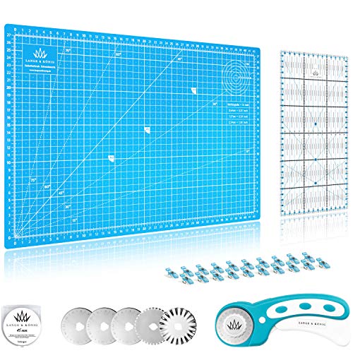 Lange & König Kit de Cuter Rotativo incluye Base de Corte, Cortador Rotativo, 5 Cuchillas de Repuesto, Regla de Patchwork + 20 Pinzas Costura como Accesorios de Costura (Azul, A3)