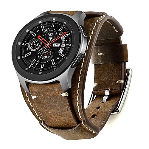 Leotop Correa Compatible con Samsung Galaxy Watch 46mm/Gear S3 Frontier/Classic, 22mm Vintage Pulsera de Cuero Genuino Reemplazo Banda de Bucle Acero Inoxidable para Mujeres Hombres (22 mm, Cafe)