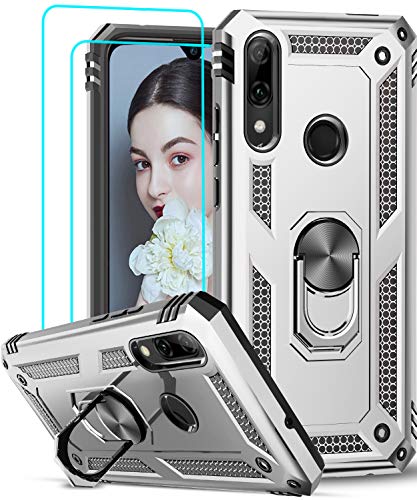 LeYi Funda Huawei P Smart 2019 / Honor 10 Lite con [2-Unidades] Cristal Vidrio Templado,Armor Carcasa con 360 Grados Anillo iman Soporte Silicona TPU Bumper Antigolpes Case para Movil P Smart,Plata