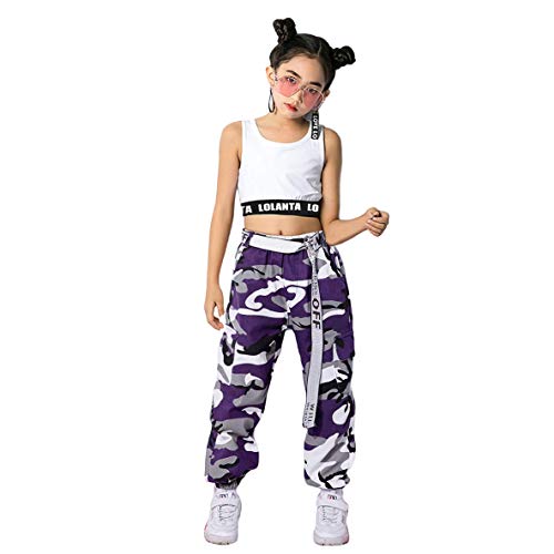 LOLANTA 2 Piezas Niñas Hip Hop Street Dance Ropa Individual Juego Crop Tank Top + Camuflaje Pantalones Basculador (6-7 años, Morado)