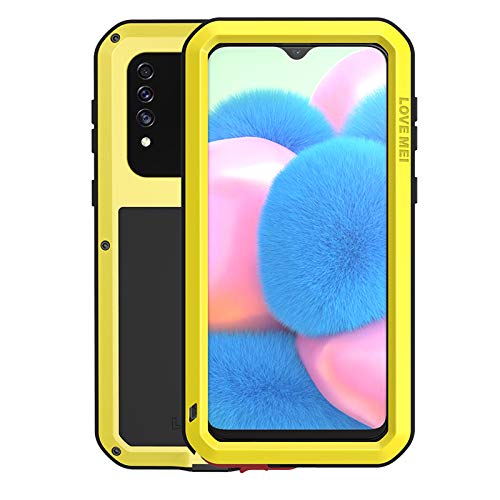 LOVE MEI para Samsung Galaxy A30s Metal Funda,al Aire Libre Deportes híbrido Aluminio Metal Antichoque/Antipolvo/Impermeable Protectora Funda con Vidrio Templado (A30s, Amarillo)