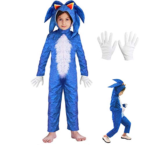 Lucky baby Niñas Niños DisfrazSonic Hedgehog Jumpsuit + Tocado + Guantes Traje de Lujo (Azul, 125-140cm / 7-8 años)