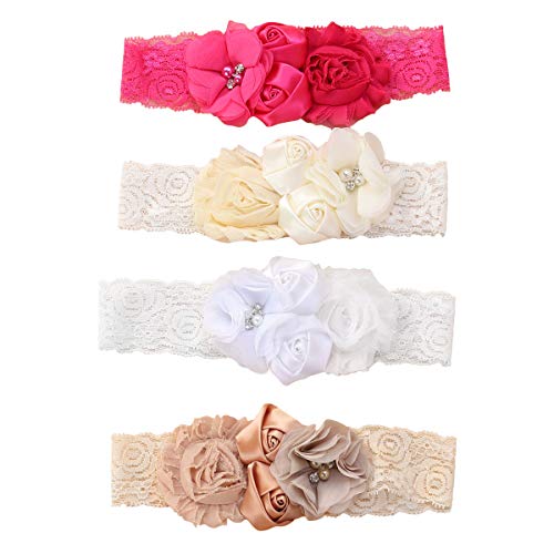 Lurrose 4 Unids Rosa Flor Encaje Cintas Para el Cabello Cinta Suave Turbante Bautizo Cabeza Wrap con Perlas para bebé infantil