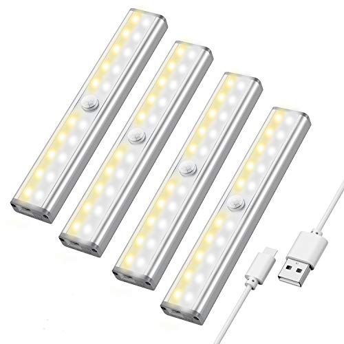 Maxuni Luz Armario Pack 4, Lámpara LED con Sensor Movimiento inalámbrico recargable por USB, Iluminación de armario LED de 3 modos, Tira de adhesivo magnético para Escalera Armario Pasillo Bodega