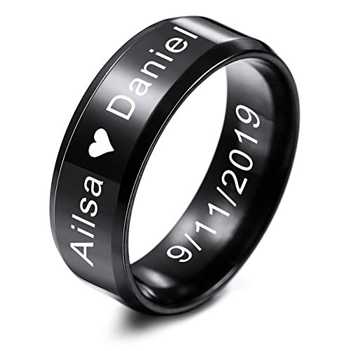 MeMeDIY Anillos de Boda para Hombre para Mujeres Niños Niñas de para Hombres de Acero Inoxidable Anillo, con Ajustador de Tamaño de - Grabado Personalizado (Negro Color, 8.0mm Anchos, 30 Tamaños)