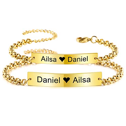 MeMeDIY Nombres De Pulseras Personalizadas Personalizadas para Parejas Hombres Mujeres Enlace Ajustable De Tobillo Grabado Boda para Novios Amantes De Acero Inoxidable Joyas (Oro Color)