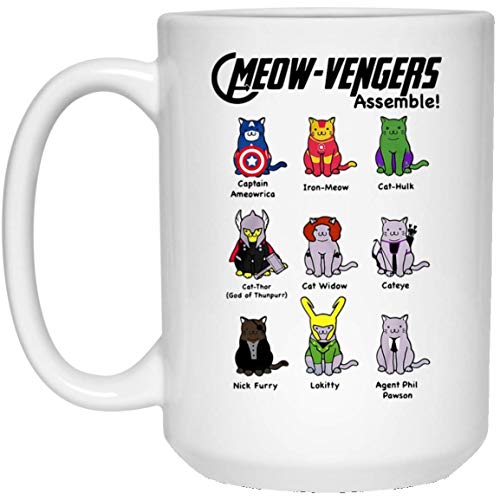 Meowvengers ensamblan el gato Avengers Marvel Endgame 11 OZ. Taza blanca