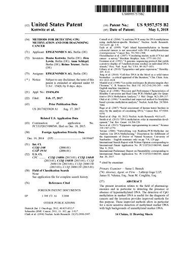 Methods for detecting CpG methylation and for diagnosing cancer: United States Patent 9957575 (English Edition)