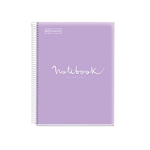 Miquelrius - Cuaderno Espiral Microperforado, Cubierta Cartón Extraduro, Tamaño A4 210 x 297 mm, 4 taladros, 120 Hojas de 90 g/m² y 5 Franjas de Color, Cuadrícula de 5 x 5 mm, Color Lavanda