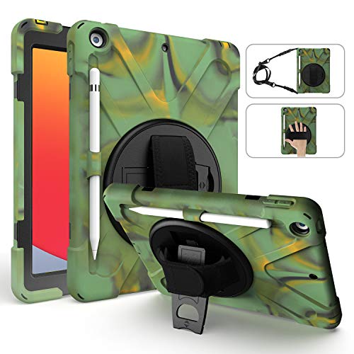 MoKo Funda para Nuevo iPad 8ª Generación 10.2" 2020/ iPad 7ª Gen 2019, Protectora Cubierta con Soporte de Rotación de 360 Grados, Correa de Mano/Hombro, Soporte de Pencil - Camo