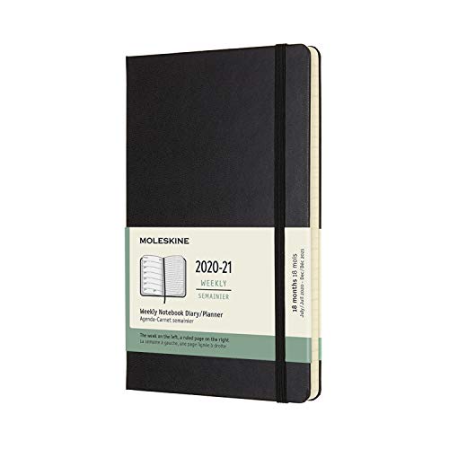 Moleskine - Agenda Semanal de 18 Meses, Agenda Semanal 2020/2021, Agenda Semana Vista con Tapa Dura y Cierre Elástico, Tamaño Grande 13 x 21 cm, Color Negro, 208 Páginas