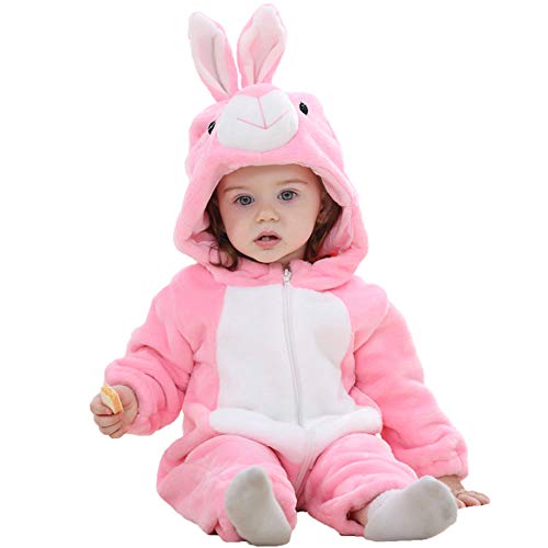 Mono Bebés, Mameluco de bebé con Capucha Franela Monos Estilo Animal Trajes Recién Nacido Unisex Primavera Otoño Invierno Trajes para bebés de 2 a 24 Meses (13-18 Meses, Conejo Rosa)