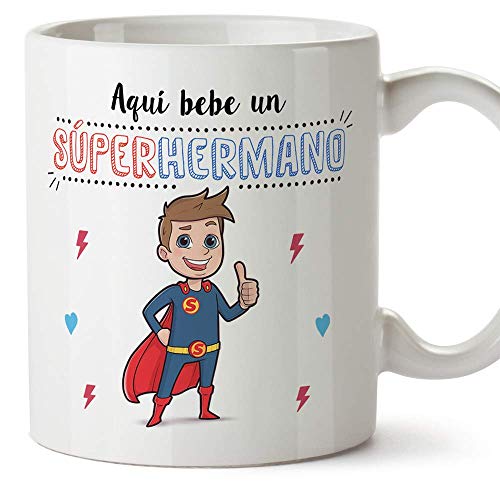 MUGFFINS Taza Hermano – Aquí Bebe un Super Hermano – Taza Desayuno/Idea Regalo Original/Cumpleaños de Hermanitos. Cerámica 350 mL