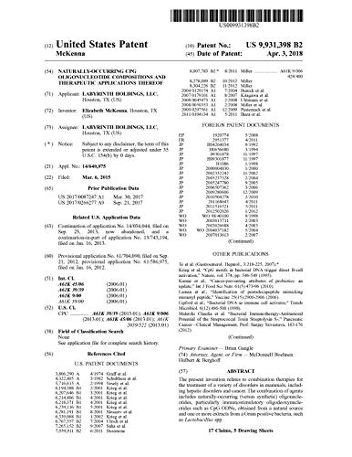 Naturally-occurring CpG oligonucleotide compositions and therapeutic applications thereof: United States Patent 9931398 (English Edition)