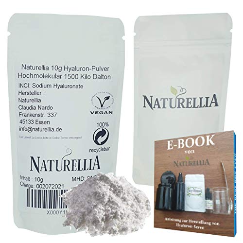 Naturellia Acido Hialuronico Polvo 10 Gramos 1500 k-Dalton Altamente Concentrado - Alto Peso Molecular Para el Efecto de Superficie - Solo Mezclar una Crema Antienvejecimiento en el Hogar