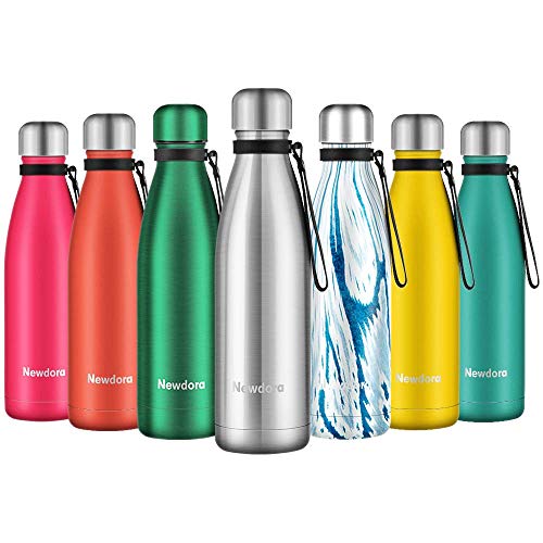 Newdora Botella de Agua Acero Inoxidable 500ml, Aislamiento de Vacío de Doble Pared, Botellas de Frío/Caliente, con 1 un Cepillo de Limpieza, para Niños, Deporte, Oficina, Gimnasio, Ciclismo, Silver