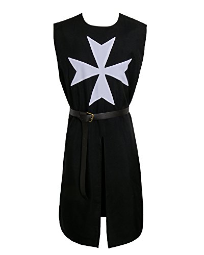 Nofonda Túnica Medieval de Templario Caballero,Disfraz sin Mangas con Cinturón para Halloween,Cosplay,Carnaval,Mascarada,Fiesta(Negro)