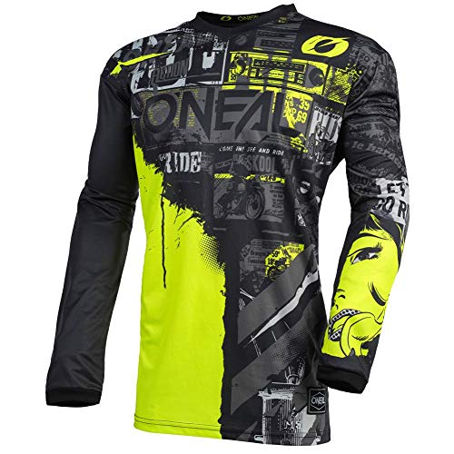 O'Neal | Camiseta de Motocross Manga Larga | MX Enduro | Protección Acolchada para los Codos, Cuello en V, Transpirable | Camiseta Element Youth Ride para niños | Negro Neón Amarillo | Talla M