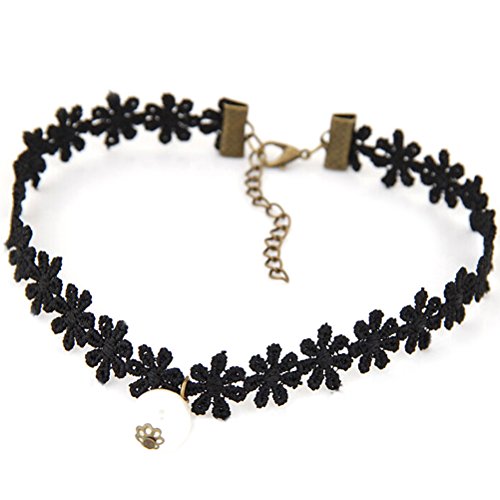 OULII Punta Cadena Choker Mujer Chica retro collar Cuello cadena con perlas colgante (Negro)