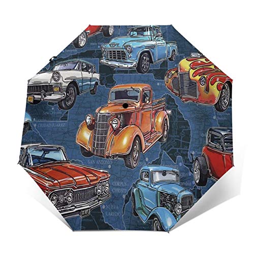 Paraguas Plegable Automático Impermeable Camiones Hot Rod, Paraguas De Viaje Compacto A Prueba De Viento, Folding Umbrella, Dosel Reforzado, Mango Ergonómico