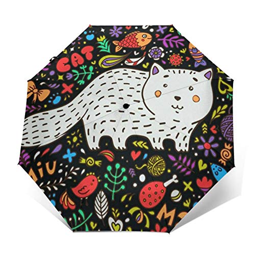 Paraguas Plegable Automático Impermeable Flor rodeada de Gato Gris Gordo, Paraguas De Viaje Compacto a Prueba De Viento, Folding Umbrella, Dosel Reforzado, Mango Ergonómico