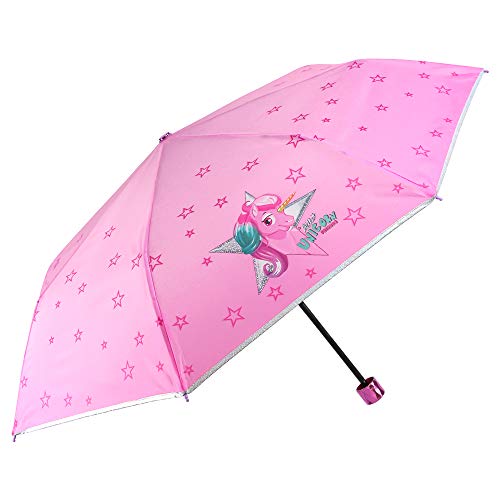 Paraguas Plegable Niña Unicornio - Paraguas Infantil Compacto Rosa con Estrellas - Ribete Plateado y Mango Brillante - Seguro Antiviento Fibra Vidrio Manual - 7+ Años - Ø 91 cm - PERLETTI Kids (Rosa)