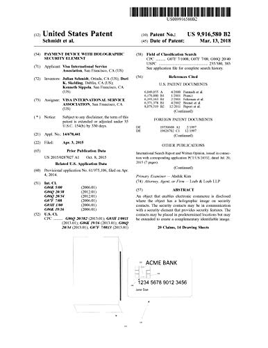 Payment device with holographic security element: United States Patent 9916580 (English Edition)