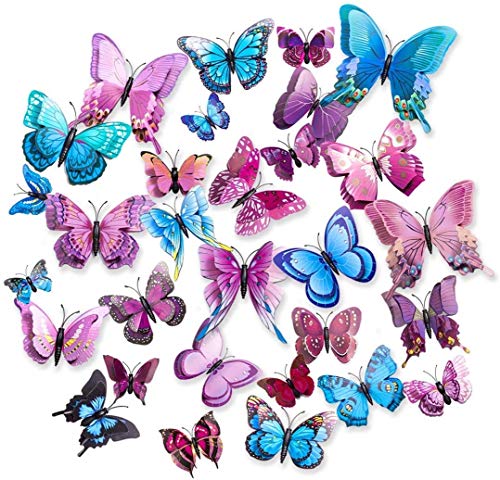 Pegatinas de pared de Mariposa,CCUCKY 36 Piezas Capas dobles Alas 3D Decoración de Mariposas, Ideal para sala de Niños,Cocina Nevera Plantas de jardín Decoraciones de fiesta-Rosa,Azul,Púrpura