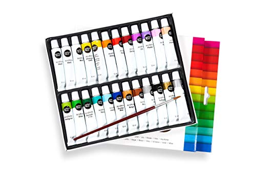 perfect ideaz set de pinturas acrílicas de colores con pincel, 24 tubos x 12 ml, 22 colores diferentes, alta proporción de pigmentos de colores, pintura acrílica de alta cobertura y de secado rápido