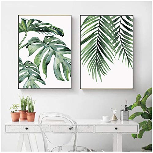 Pintura sobre Lienzo Acuarela Hojas Arte de la Pared Planta de Estilo Verde Carteles e Impresiones nórdicos Cuadro Decoración Moderna 40x60cm (15.7"x23.6) x2 con Marco