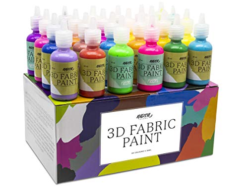 Pintura Textil 3D Nazca – Set 24 Colores (4 Neón UV) x 30ml – Pintura Permanente Perfecta para Pintar con Relieve sobre Tela, Ropa, Camisetas, Cerámica, Madera, Piedra o Cualquier Superficie