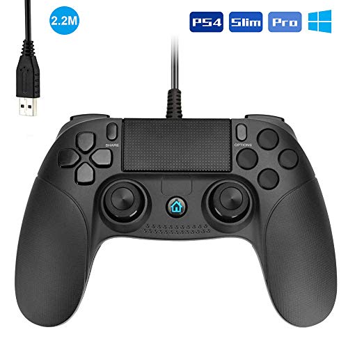 Powcan Gamepad Controller USB, Mando para PC con Cable Joysticks con Doble vibracion Turbo y Botones de activacion para PS4 / PS4 Slim / PS4 Pro y PC (Windows 7/8/10)