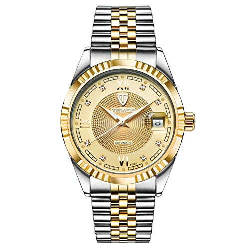 QZPM Hombres Automático Mecánico Relojes Acero Inoxidable Bracelet Esfera Luminosa Multifunción Impermeable Cronógrafo Analógico Business Relojes,Oro