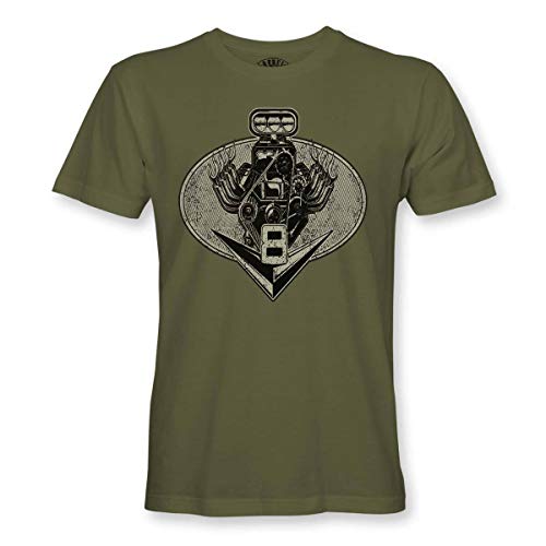 Rebel on Wheels V8 Engine American Classics US-Car Muscle-Car Oldschool - Camiseta para hombre verde oliva M